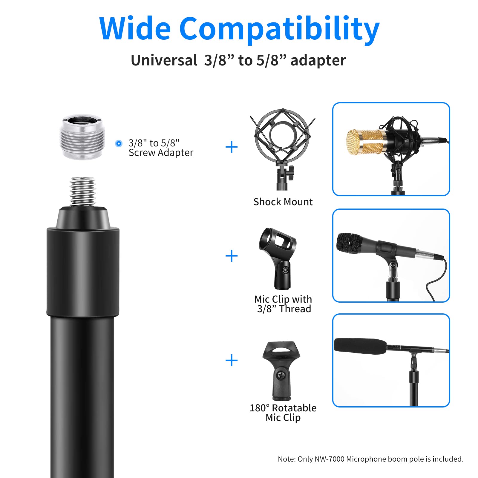 NEEWER NW-7000 Microphone Boom Arm, 3 Section Extendable Handheld Mic Arm with 3/8'' & 3/8'' to 5/8'' Screw Adapter, 3ft to 8ft